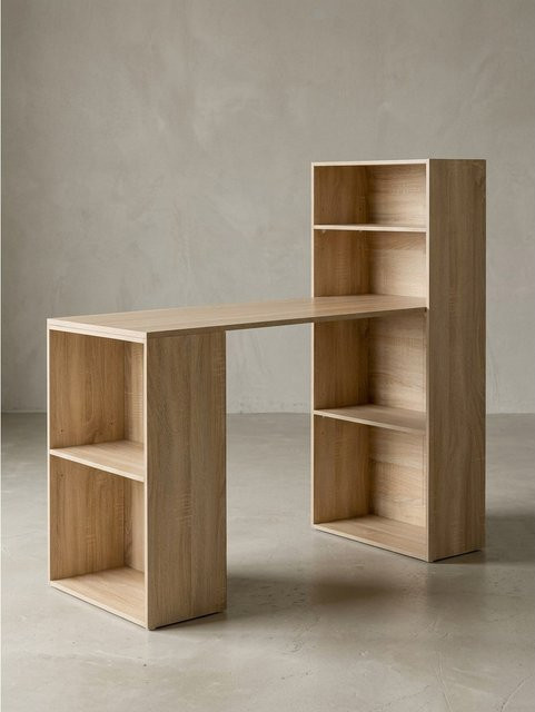 Moderner Schreibtisch mit Regal und Ablagefächern von KADIMA DESIGN in Sonoma Holz, Farbe Braun, B/T/H: 120 x 53 x 120 cm - Bild 1