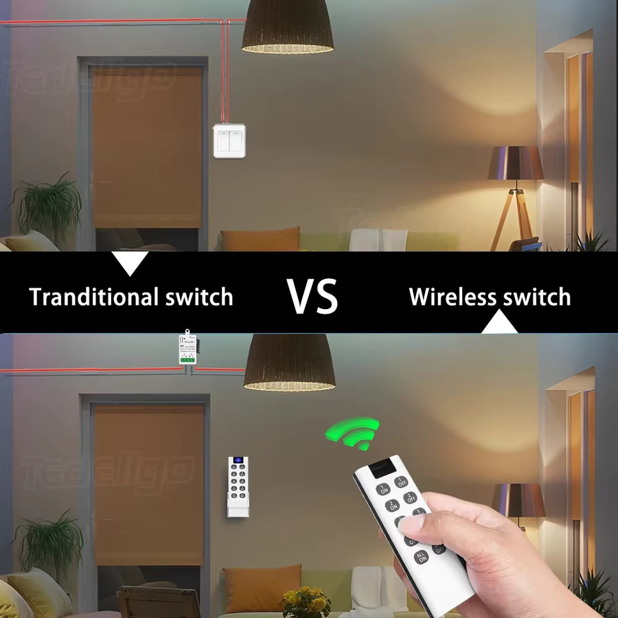 Tedeligo Drahtloser Lichtschalter mit RF-Handfernbedienung 433MHz, Mini-Relaisempfänger für LED-Deckenleuchten und Ventilatoren, Farbe: Weiß - Bild 2