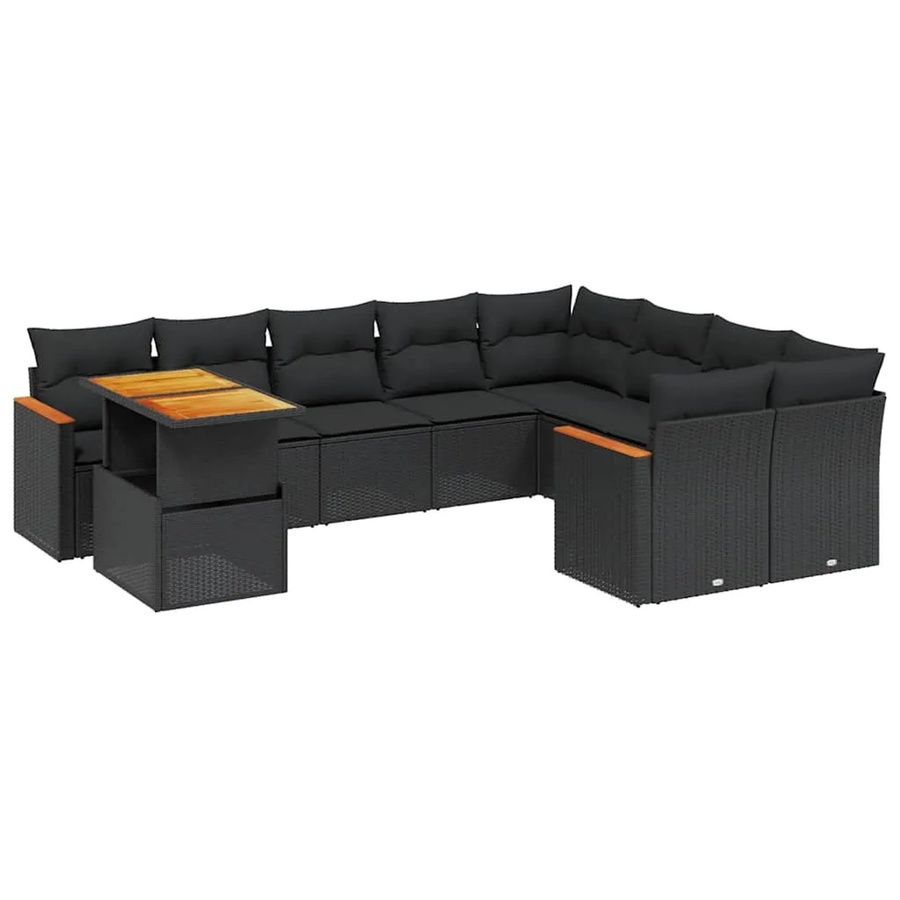 vidaXL 10-tlg. Garten-Sofagarnitur in L-Form aus Polyrattan und Akazienholz mit Kissen in Schwarz - Bild 2
