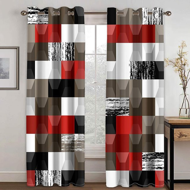Yiran Furniture Vorhänge Set mit abstraktem geometrischem Design in Schwarz und Rot, semi-transparent, 2 Stück inklusive Haken - Bild 1