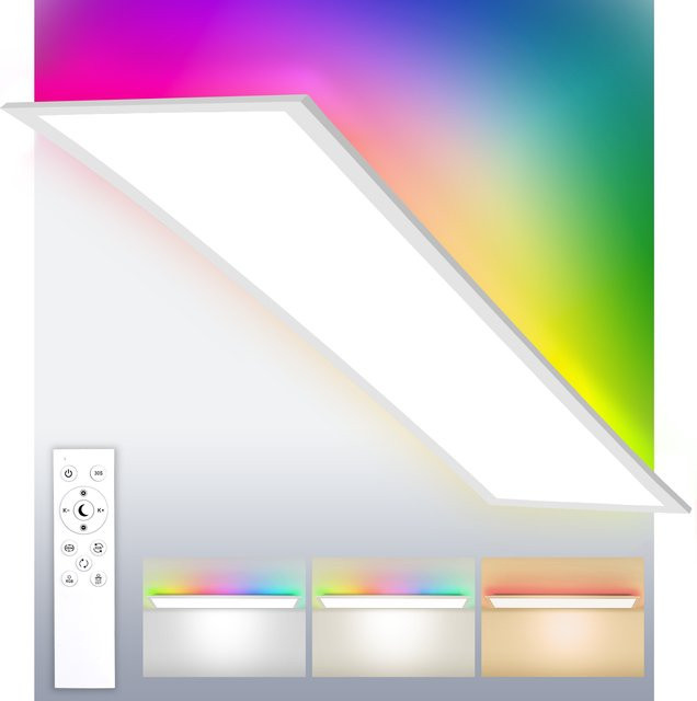 Oraymin LED-Panel-Deckenleuchte in Weiß mit RGB-Hintergrundbeleuchtung, dimmbar mit Fernbedienung, B/T: 100 x 25 cm, 30W - Bild 1
