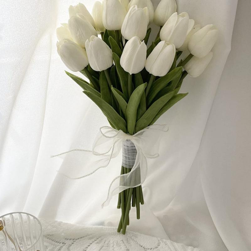 Chenxiaogang Mini Weiße Künstliche Tulpen für Hochzeit, Geburtstag und Dekoration - Bild 3