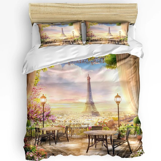3-teiliges Bettwäscheset Lodestar mit Paris Retro-Motiv, Bettbezug und Kissenbezüge aus Mikrofaser, Mehrfarbig, B/H: 135 x 200 cm - Bild 1