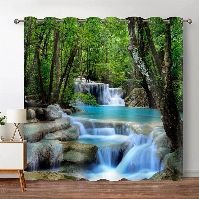 Yiran Furniture Verdunklungsvorhänge mit Wald- und Naturmotiv, Grün, B/H: 200 x 240 cm - Bild 1