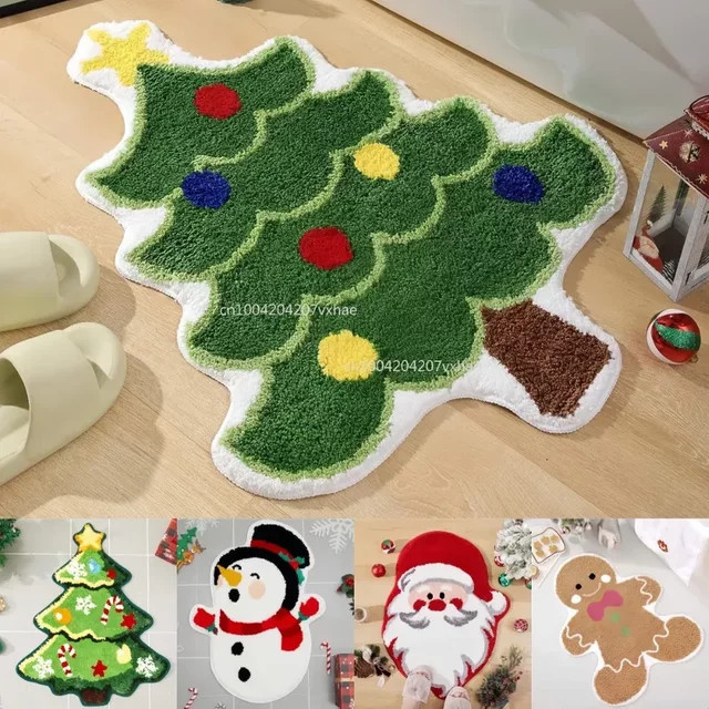 VIKAMA Rutschfeste Weihnachts-Fußmatte mit Weihnachtsbaum und Schneemann Motiv in Grün - Bild 1