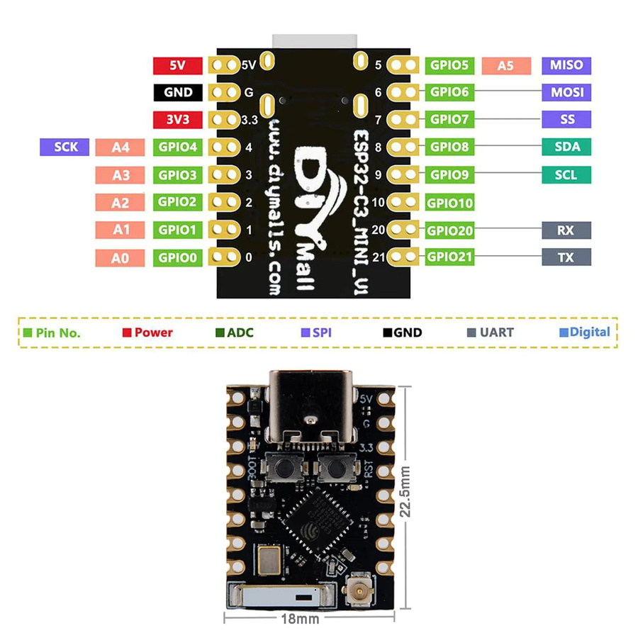 DIYmall ESP32-C3 Mini-Entwicklungsboard V1 mit Wi-Fi und Bluetooth sowie 2,4G WiFi-Antenne und SMA-Kabel 3DBI U.FL auf SMA-Buchse in Schwarz - Bild 3