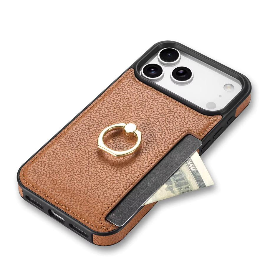 Leder Brieftasche und Kartenetui mit Ringhalter als Schutzhülle für iPhone 11 bis iPhone 17 Pro Max in Orange und Braun - Bild 5