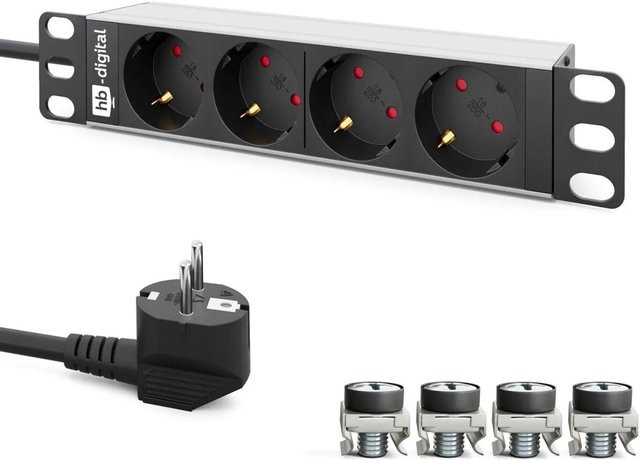 hb-digital 10 Zoll Steckdosenleiste 4-fach für Serverschrank 1HE, Schwarz - Bild 1