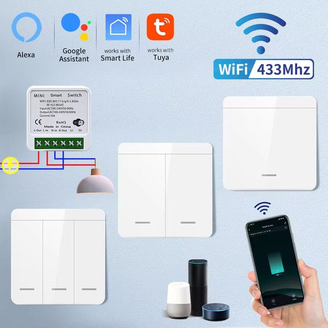 AXUS Tuya Smart WiFi Schalter RF 433 MHz für Beleuchtung, Weiß, Sprachsteuerung mit Alexa und Google Assistant via Smart Life App - Bild 1