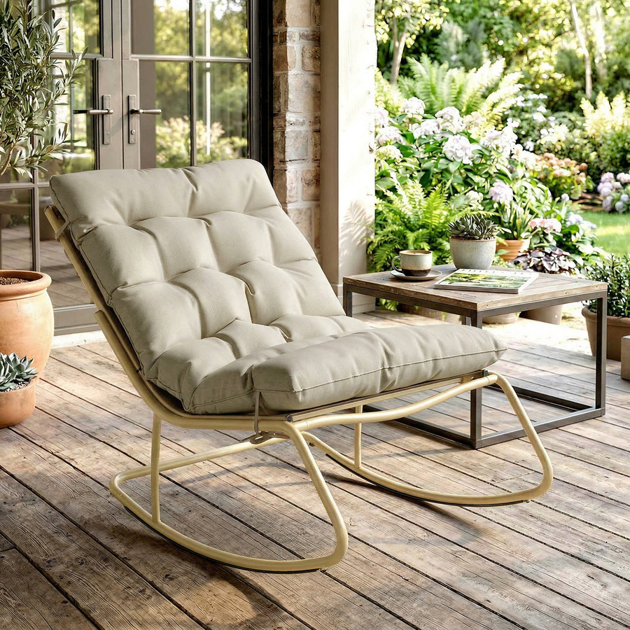Outsunny Schaukelstuhl für draußen mit extra breiter Sitzfläche von 64 cm und weichem Kissen, Gartensessel für Balkon und Veranda, Farbe: Beige - Bild 2