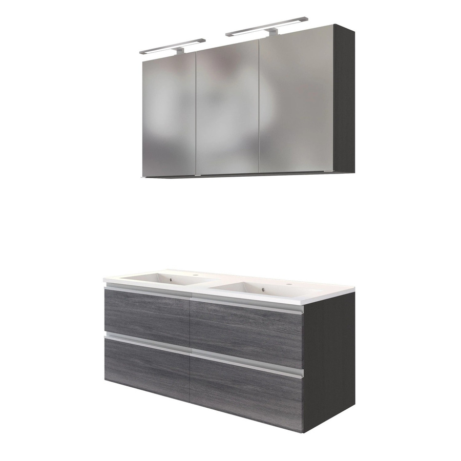 Held Möbel Waschtisch-Set Neapel 2-tlg. mit Doppel-Mineralgussbecken und Spiegelschrank, Eiche Rauchsilber-Graphitgrau, Breite: 120 cm - Bild 2