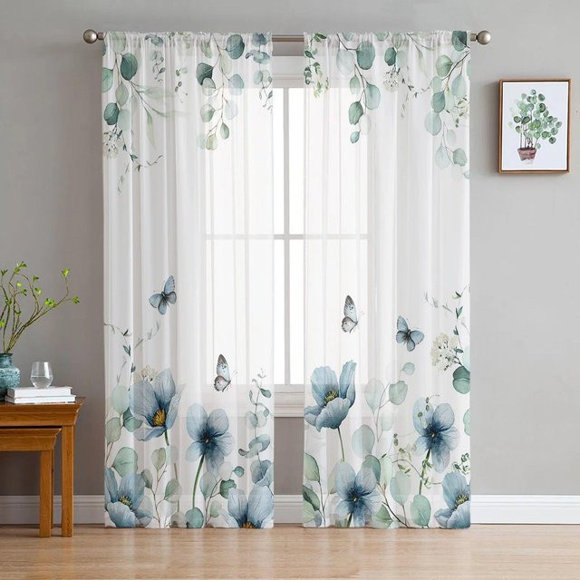 Transparente Voile-Fenstervorhänge von A Family Of Home Textiles mit floralem Eukalyptus-Tulpen-Schmetterlings-Design in Weiß, Breite: 135 cm, Höhe: 114 cm - Bild 1