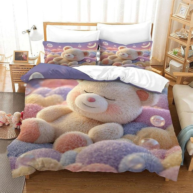 Bettwäsche-Set mit Teddybär-Motiv aus Mikrofaser, 3-teiliges Set mit Bettbezug und Kissenbezügen in Multicolour, B/H: 264 x 228 cm - Bild 1