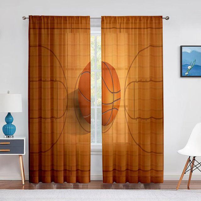 Moderner Basketball Chiffon-Fenstervorhang Super Six in Orange, transparent, Breite: 100 cm, Höhe: 250 cm - Bild 1