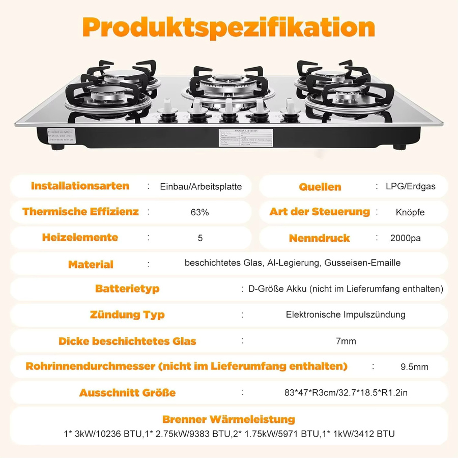 Fridgestea Einbau-Gaskochfeld mit 5 Flammen und Glasplatte in Schwarz, inklusive Wok-Brenner für Propan und Erdgas, Breite: 77,5 cm - Bild 6