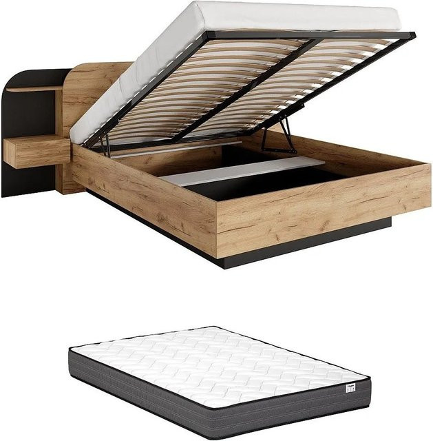 Juvisia Bett mit Bettkasten in Schwarz und Naturfarben, B/T: 160 x 200 cm, Höhe: 249 cm - Bild 1