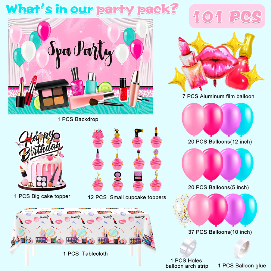 101-teiliges Spa-Geburtstagsparty-Dekorationsset von Potdemiel mit Luftballons, Hintergrund, Kuchendekoration und Tischdecke für deine Make-up-Party - Bild 2