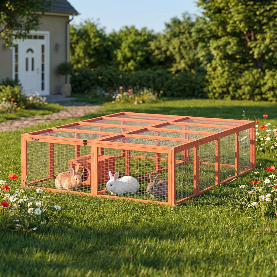PawHut Freilaufgehege aus Holz mit Unterschlupfhaus und 2 Türen für Zwergkaninchen und Meerschweinchen, Orange, B/T/H: 180,4 x 150 x 48 cm - Bild 2