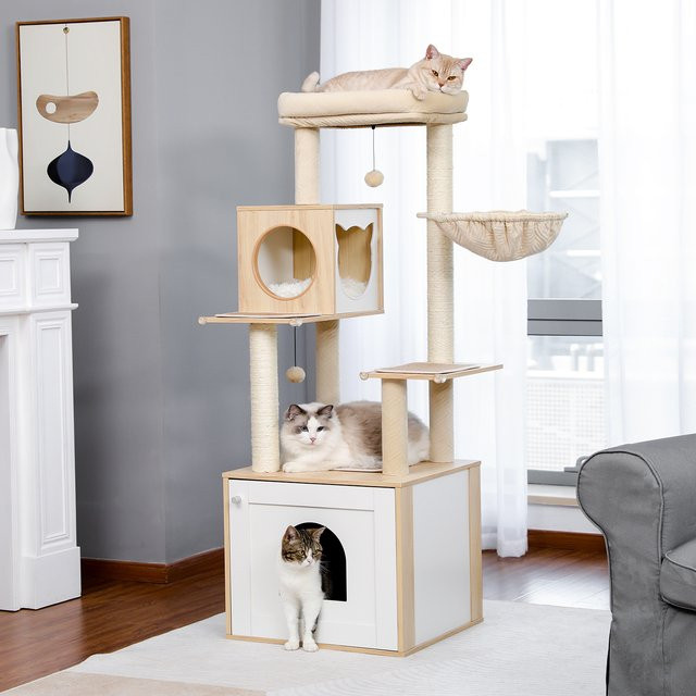 PAWZ Road Kratzbaum aus Holz in Beige mit Katzenwohnung, Hängematte und integrierter Katzentoilette sowie Stauraumschrank und Sisal-Elementen - Bild 1