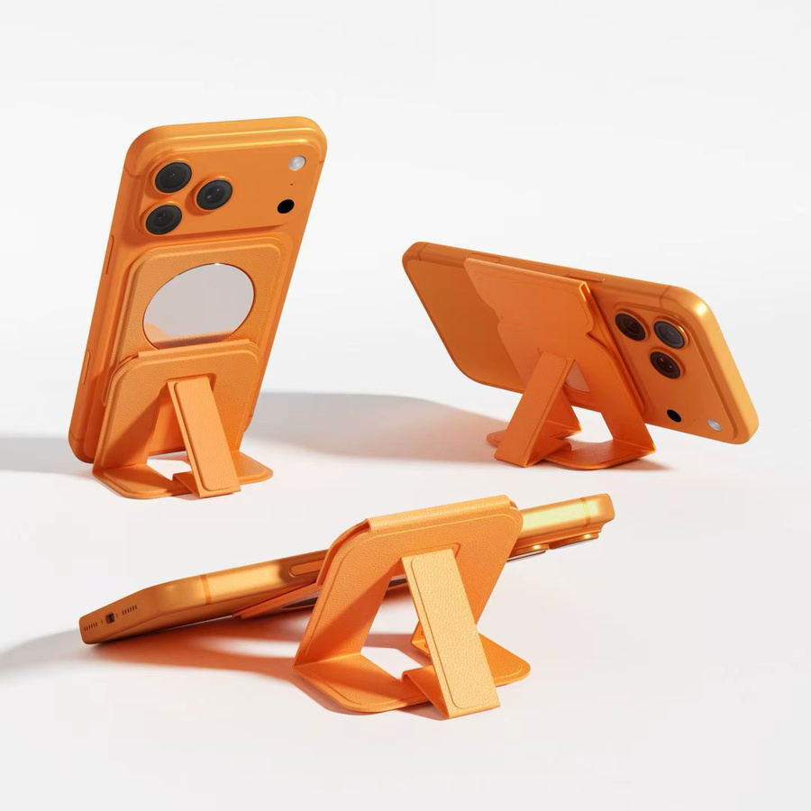 Multifunktionaler magnetischer Telefonhalter aus Leder mit Klappspiegel und MagSafe-Kompatibilität in Braun und Orange - Bild 2