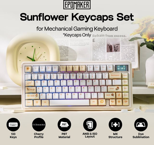 EPOMAKER Sonnenblumen Tastenkappen-Set in Gelb, 133 Cherry-Profil PBT Keycaps für mechanische Gaming-Tastaturen mit Front-Legenden - Bild 1