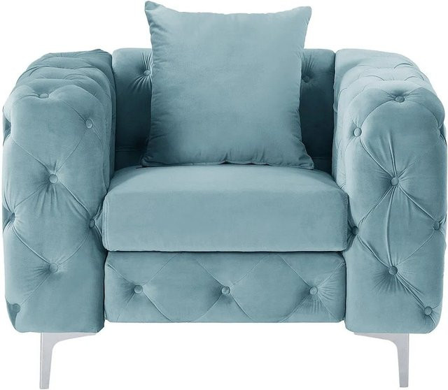 Vente-unique Sessel Edwina Chesterfield mit gerader Rückenlehne aus Samt in Hellblau, Höhe: 106 cm - Bild 1