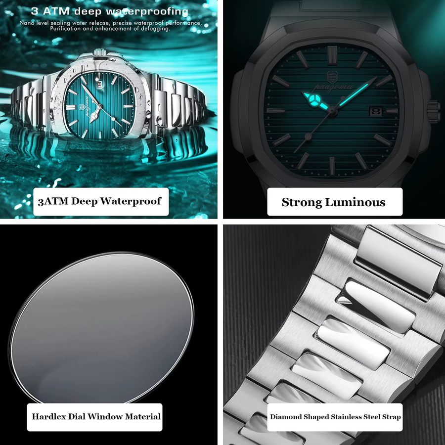 PAAZOMU Armbanduhr, Quarz, Edelstahl, Eckig, Blau, Herren - Bild 5