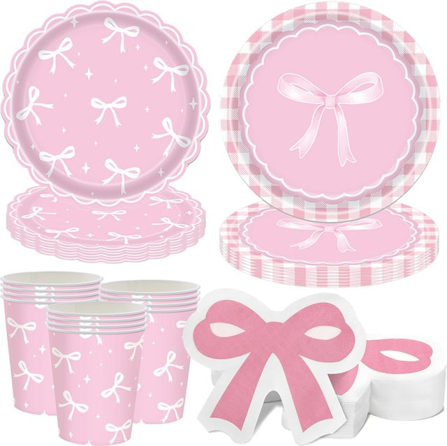 PartiesTour Einweggeschirr-Set mit Schleifenmotiv in Pink, Party-Dekoration aus Papier für Geburtstage mit Papptellern, Tassen und Zubehör - Bild 1