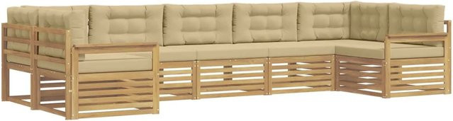 vidaXL Outdoor-Sofagarnitur aus Akazienholz in L-Form, 7-teilig mit Kissen in Weiß und Beige - Bild 1