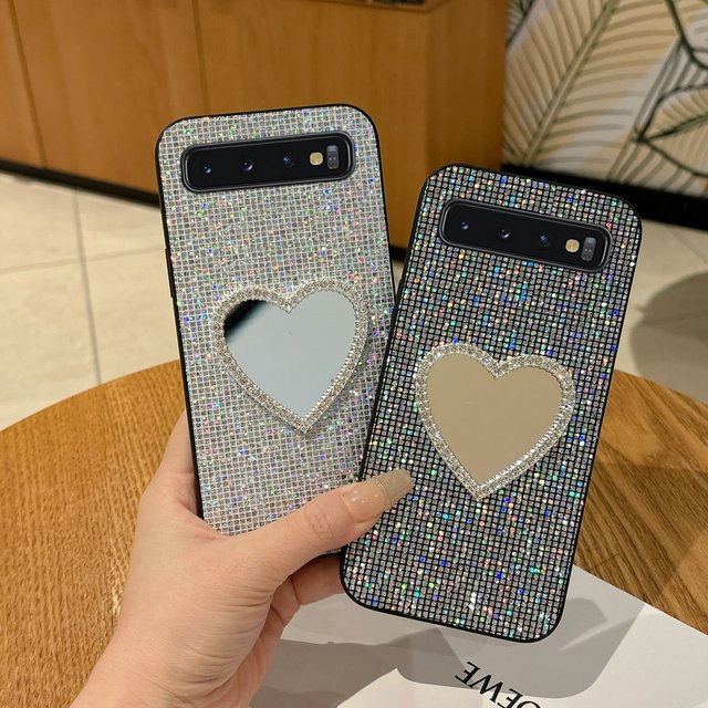 Glitzernde Leder-Schutzhülle mit Herz-Spiegel Design für Samsung Galaxy S10, S10 4G, S10 5G, S10 Lite und S10 Plus in Schwarz - Bild 1