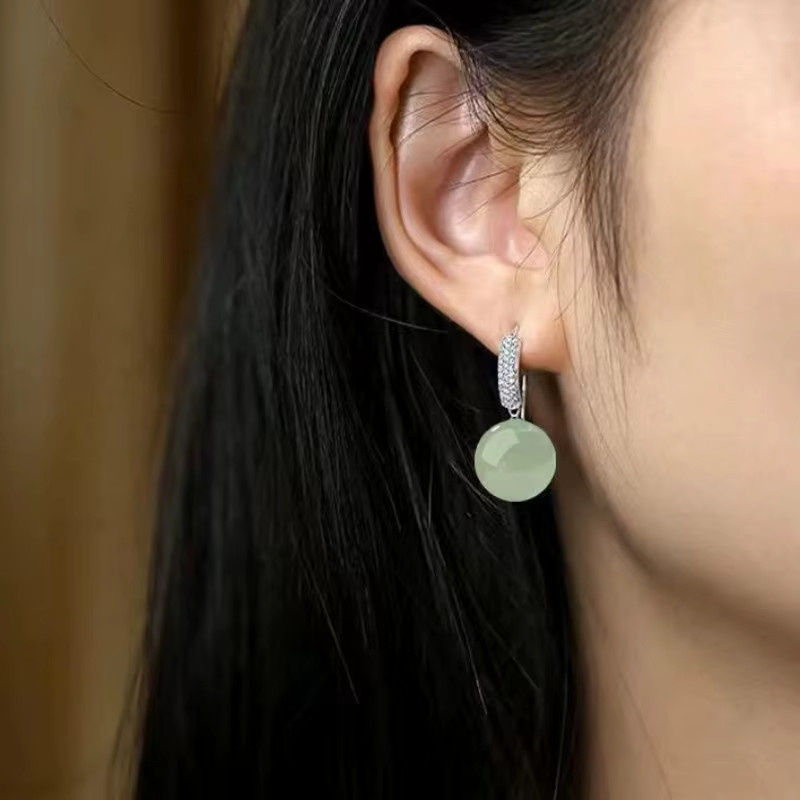 ALCADEN Ohrringe, Hotan Jade, Zirkonia, Silber, Damen, Vintage - Bild 2