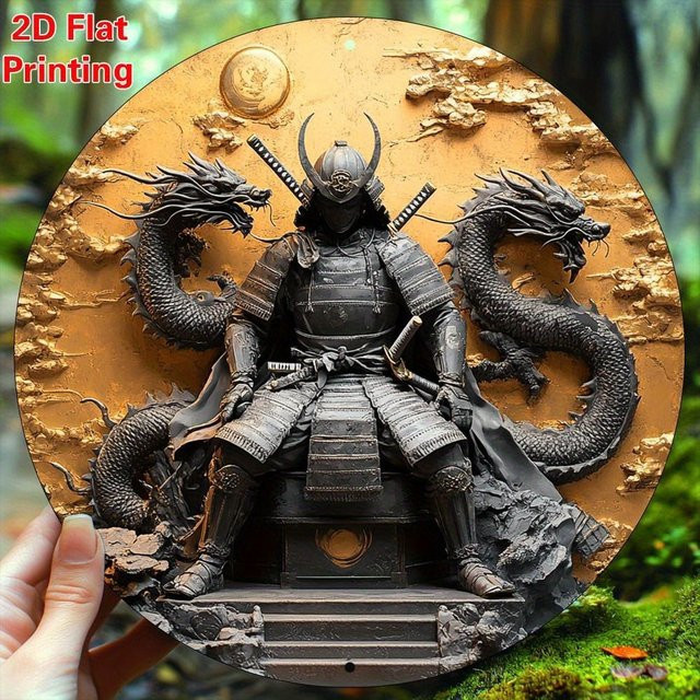CIFBUY Samurai-Drachen Metall-Wandkunst, rundes Aluminiumschild im Vintage-Stil, Durchmesser: 20,3 cm, Mehrfarbig - Bild 1