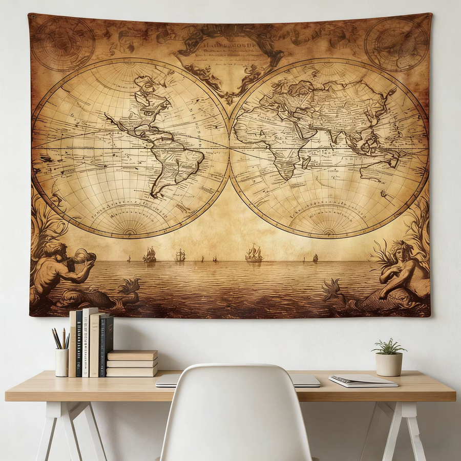 VIKAMA Vintage-Karten-Wandteppich in Braun als ästhetische Wanddekoration, B/H: 40 x 60 cm - Bild 3