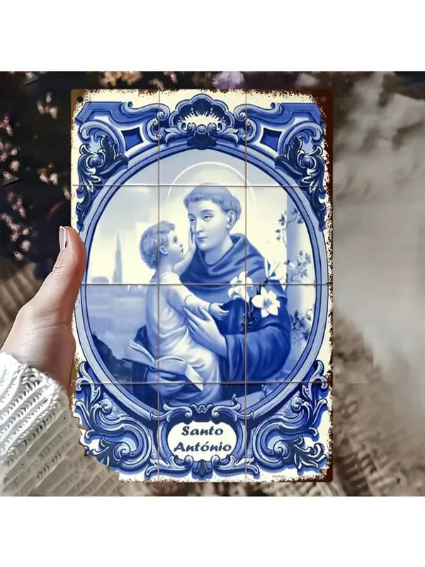 Retro Metall-Wandkunst Hello Young St. Antonius von Padua Illustration in Blau, B/H: 30,48 x 30,48 cm - Bild 7