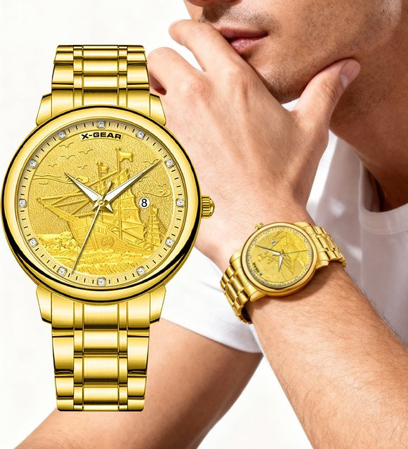 X-GEARFashion Armbanduhr Herren, Quarz, Gold, Edelstahl, Datum - Bild 1