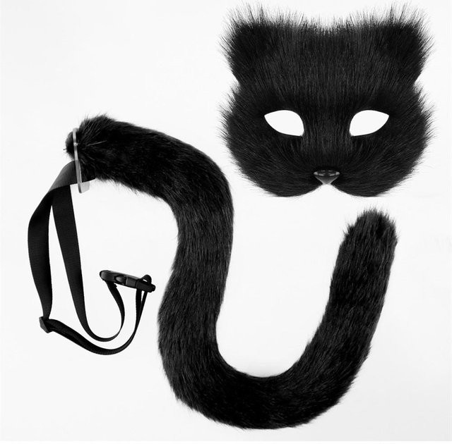 YIRAN Katzenmaske und Katzenschwanz, 2-teiliges Set, Plüsch, Schwarz - Bild 1