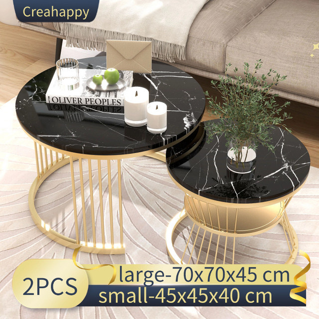 Creahappy Couchtisch-Set Schwarz Modern mit runden Marmor-Tischplatten und glänzendem Finish - Bild 1