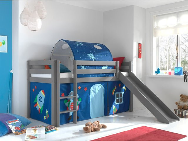 Spielbett Pino aus massivem Kiefer mit Rutsche, Textilset Vorhang und Tunnel in Grau - Bild 1