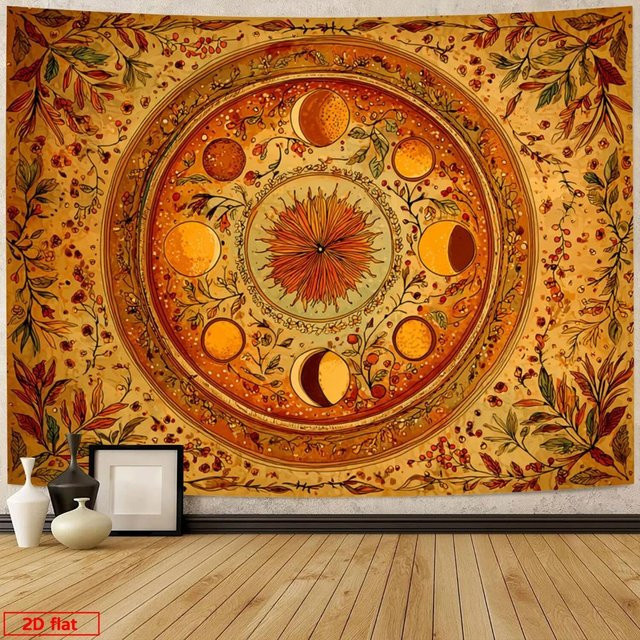 Bohemian Mandala Wandteppich Cotton Tee in Orange und Gold mit floralem Design, B/H: 100 x 70 cm - Bild 1