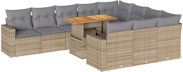 vidaXL 11-teilige Garten-Sofagarnitur in L-Form aus Polyrattan und Akazienholz mit Kissen in Beige und Grau - Bild 1