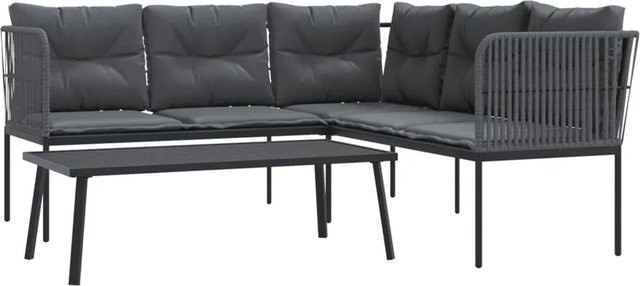 vidaXL Garten-Sofagarnitur in L-Form mit Tisch und Kissen, Schwarz, Stahl und Textilene - Bild 1