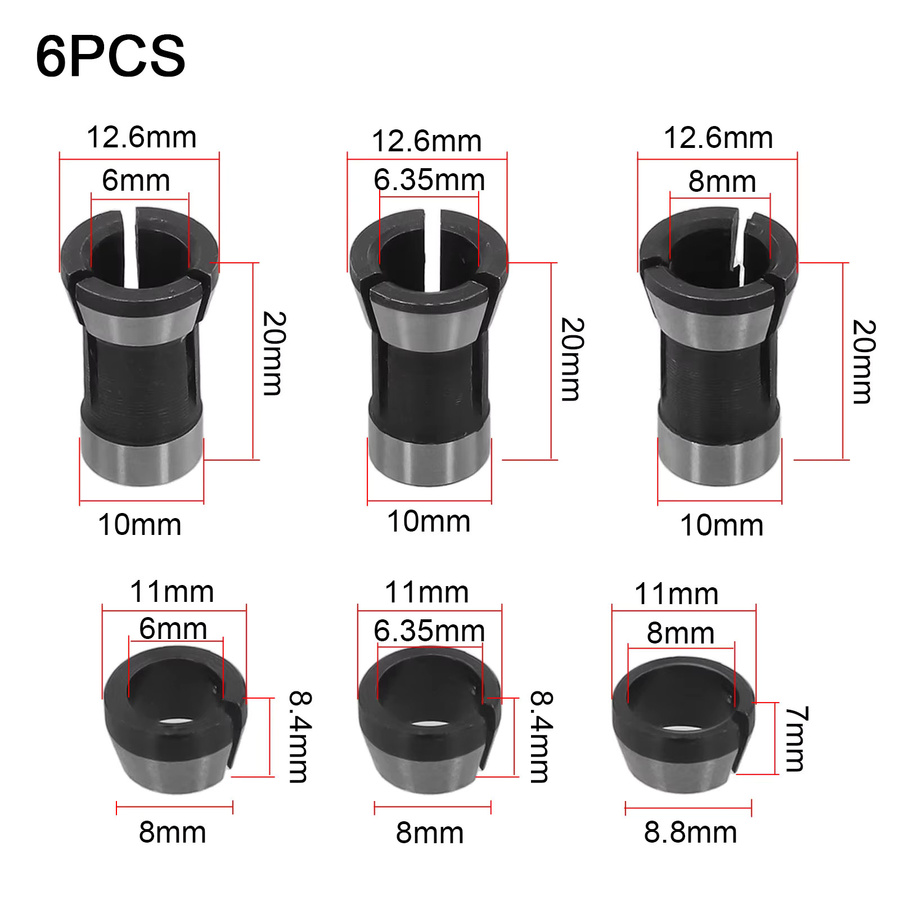 Vibratite Spannzangen-Adapter Set 6-teilig in Silber für Gravurmaschinen und elektrische Router, Durchmesser: 6 mm, 6,35 mm und 8 mm - Bild 3