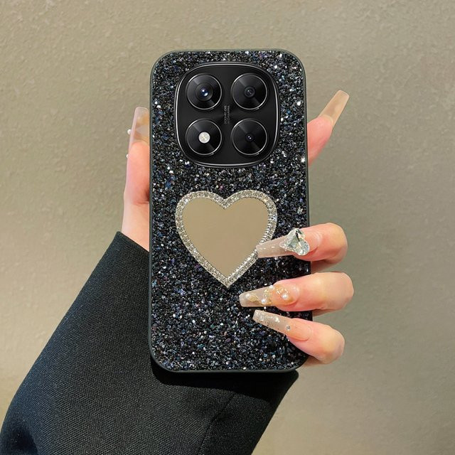Luxuriöse Handyhülle aus Glitzer-Leder mit Strass und Herz-Spiegel für Xiaomi Redmi Note 14 15 4G 5G Pro in Schwarz - Bild 1