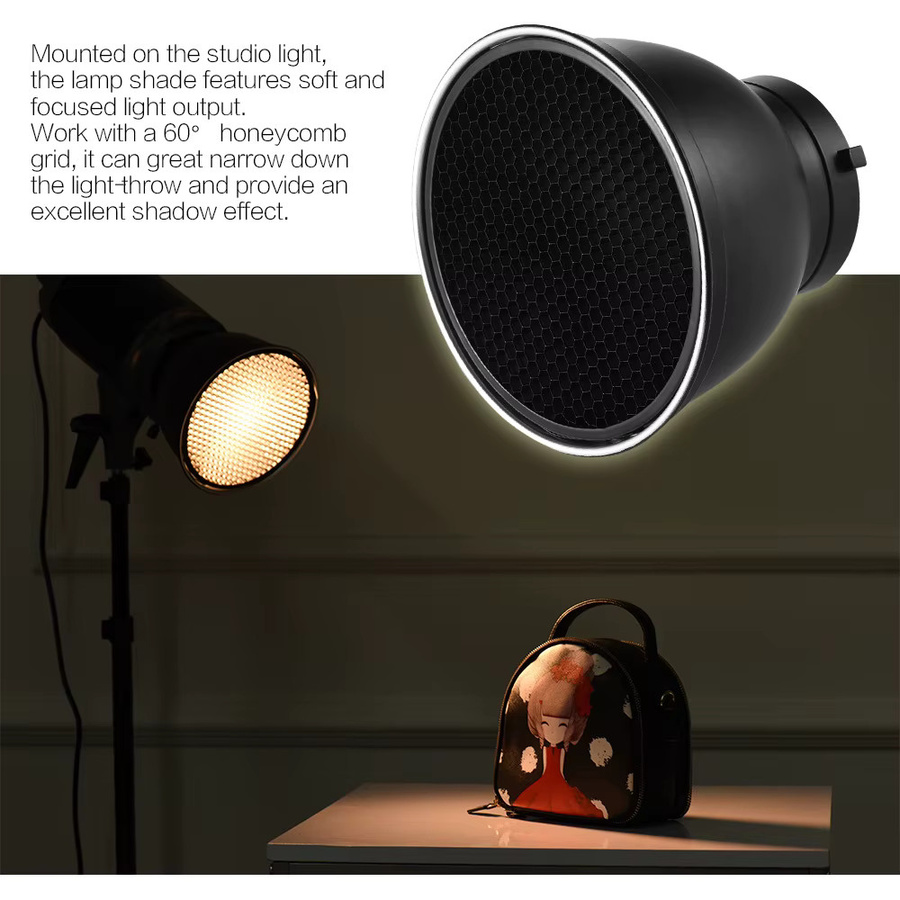 Andoer 7 Zoll Standard-Lampenschirm mit Reflektordiffusor und 60 Grad Wabengitter für Bowens Mount Studio Strobe Flash Light Speedlite in Schwarz - Bild 4