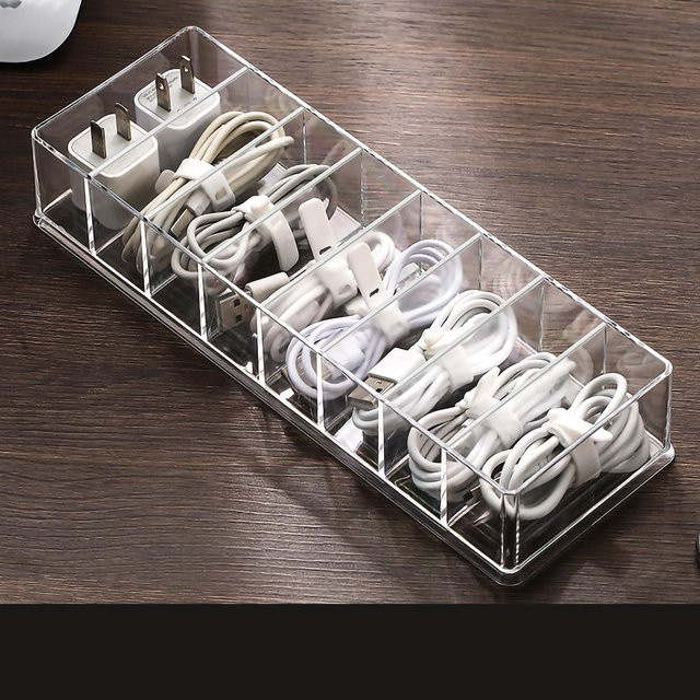 CosyHome Desktop-Datenkabel-Aufbewahrungsbox aus Kunststoff, durchsichtiger Ladekabel-Organizer in Weiß - Bild 1