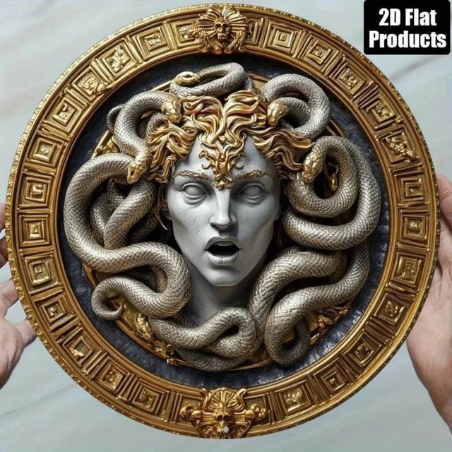 CIFbuy Medusa Vintage Wandkunst aus Aluminium in Gold, rundes Metallschild für die Heimdekoration, Durchmesser: 20,3 cm - Bild 1
