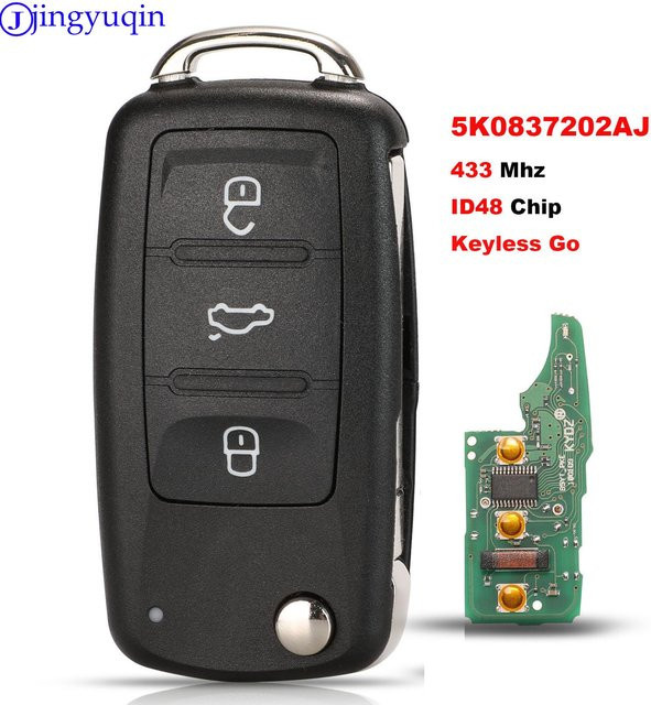 Jingyuqin Fernbedienung 434 MHz mit ID48 Chip für VW Volkswagen Golf Passat Tiguan Polo Jetta Beetle in Schwarz - Bild 1