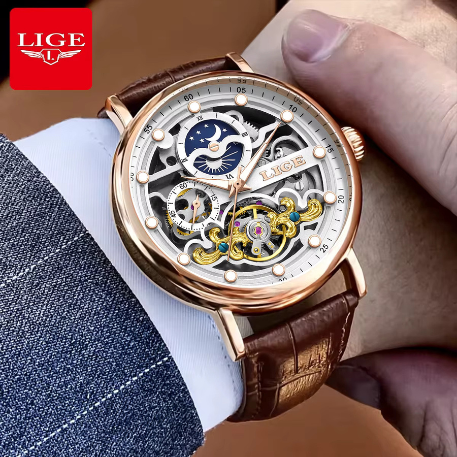 LIGE Armbanduhr Automatik, Mondphasen, Leder, Roségold, Herren - Bild 5