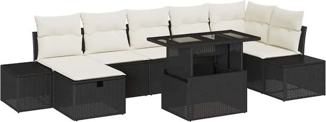 vidaXL Garten-Sofa-Set 8-teilig aus Polyrattan in Schwarz und Beige mit Kissen und Ottoman für Terrasse und Garten - Bild 1