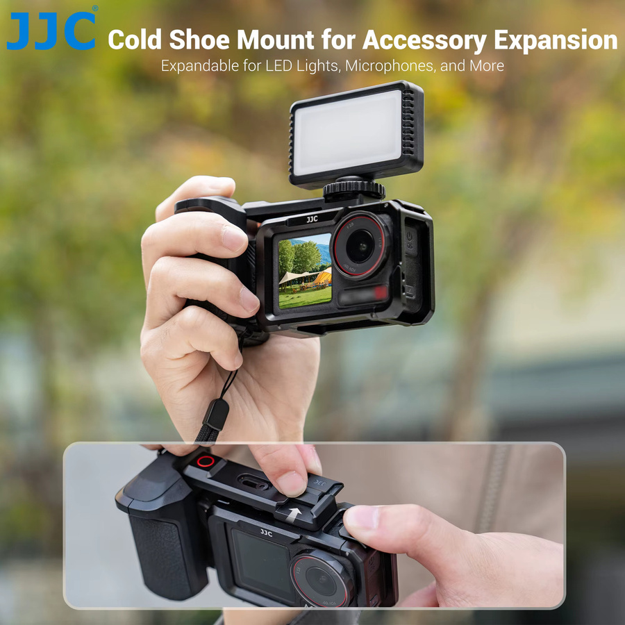 JJC Handgriff-Set für DJI Osmo Action 5 Pro, 4 und 3 in Schwarz mit Schnellverschluss-Auslöser und Metallkäfig für Straßenfotografie - Bild 3